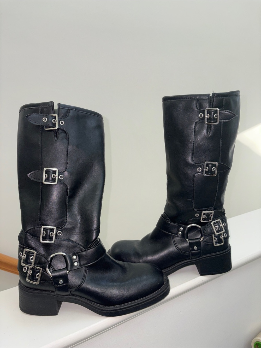 Madden Girl Black Leather Buckle Mid-Calf Boots
